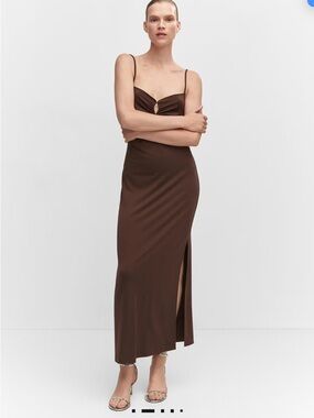 Mango Chocolate Brown Slip Maxi Skirt with Side Slit